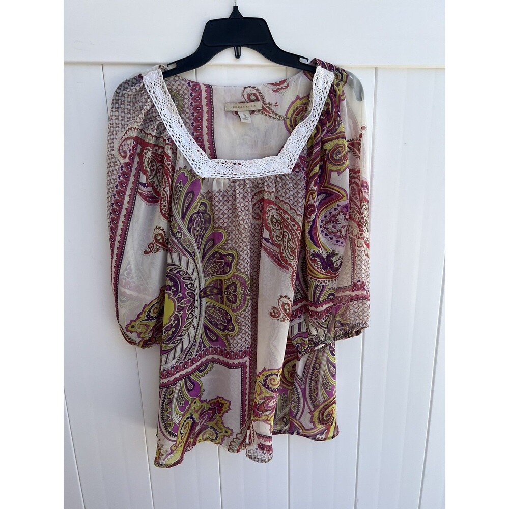 Jonathan Martin Womens Peasant Top Sheer Paisley Multicolor Puff Sleeve Sz Large